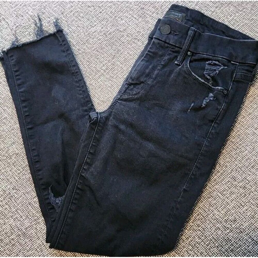 Mother The Looker Ankle Fray Black Distressed Stretch Skinny Jeans Women's Sz 25